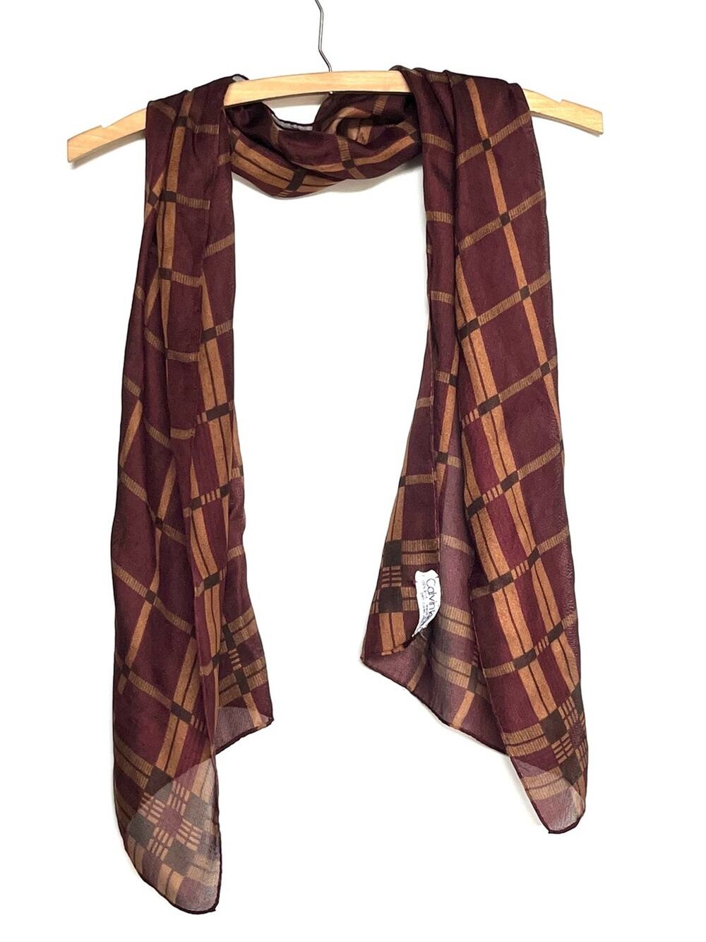 Vintage Calvin Klein Plaid Silk Scarf Burgundy and Tan Sheer Long Preppy Light